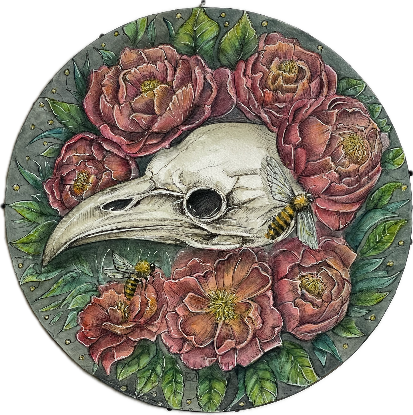 Crow skull and peonies