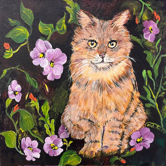 Cat 9 Tabby Cat with purple flowers